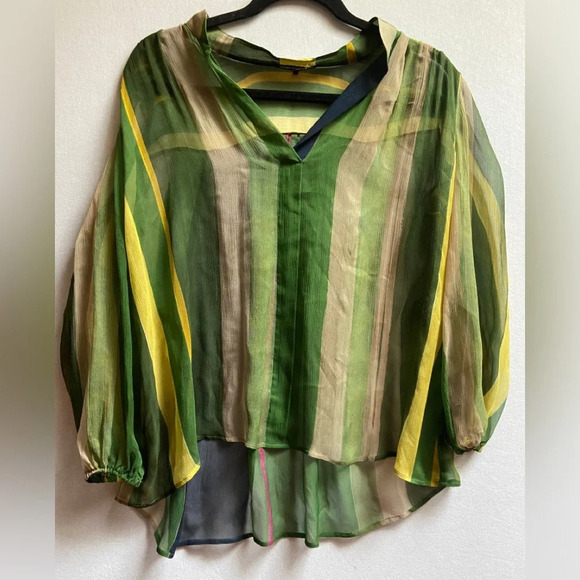 Luisa Cerano 100% silk green beige lightweight sheer blouse Sz  6 - Picture 1 of 9